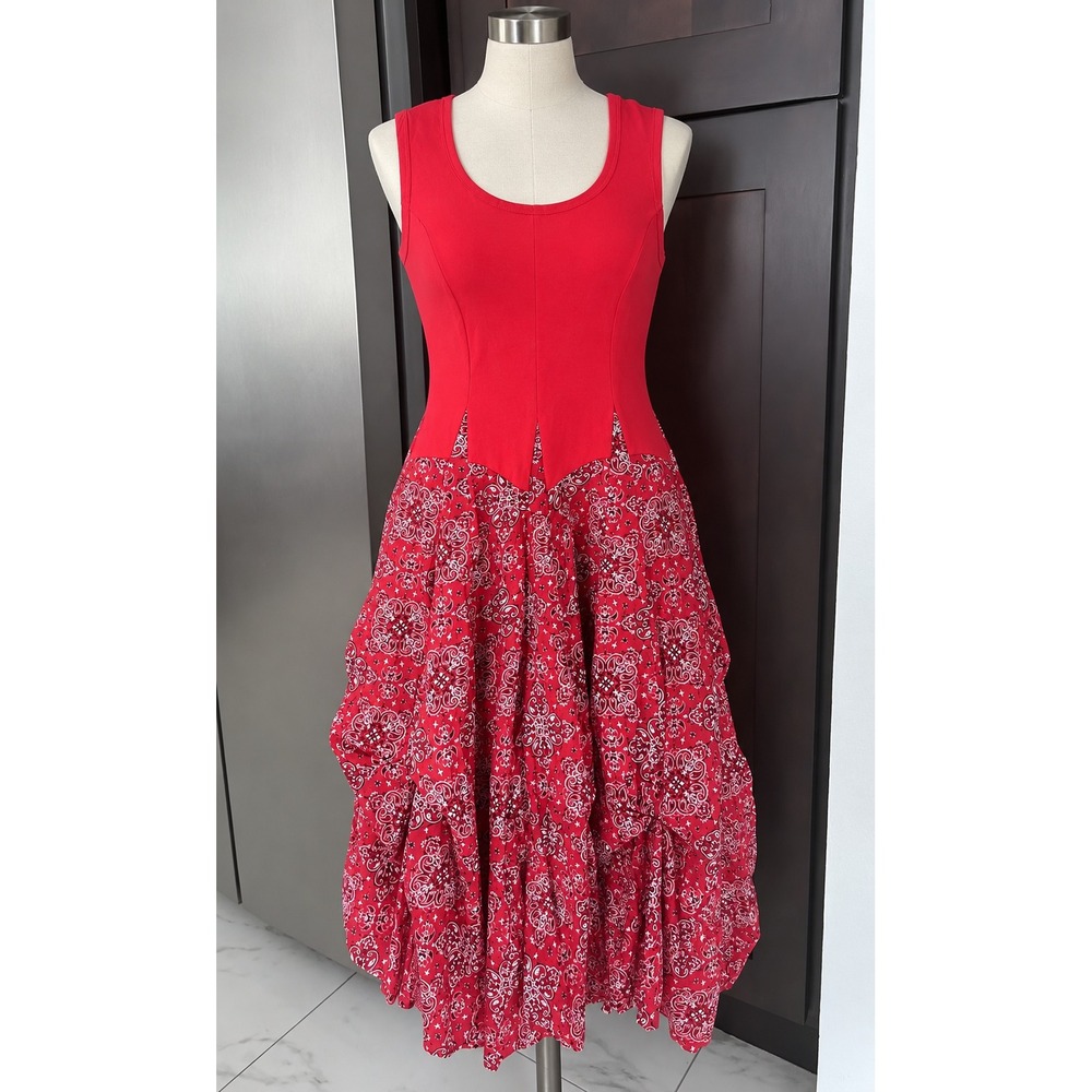 Kaktus Red Bandana Print Tiered Dress Sleeveless Paisley L Boho Cottagecore
